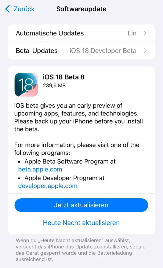 承留镇苹果手机维修分享苹果 iOS / iPadOS 18 开发者预览版 Beta 8 发布 